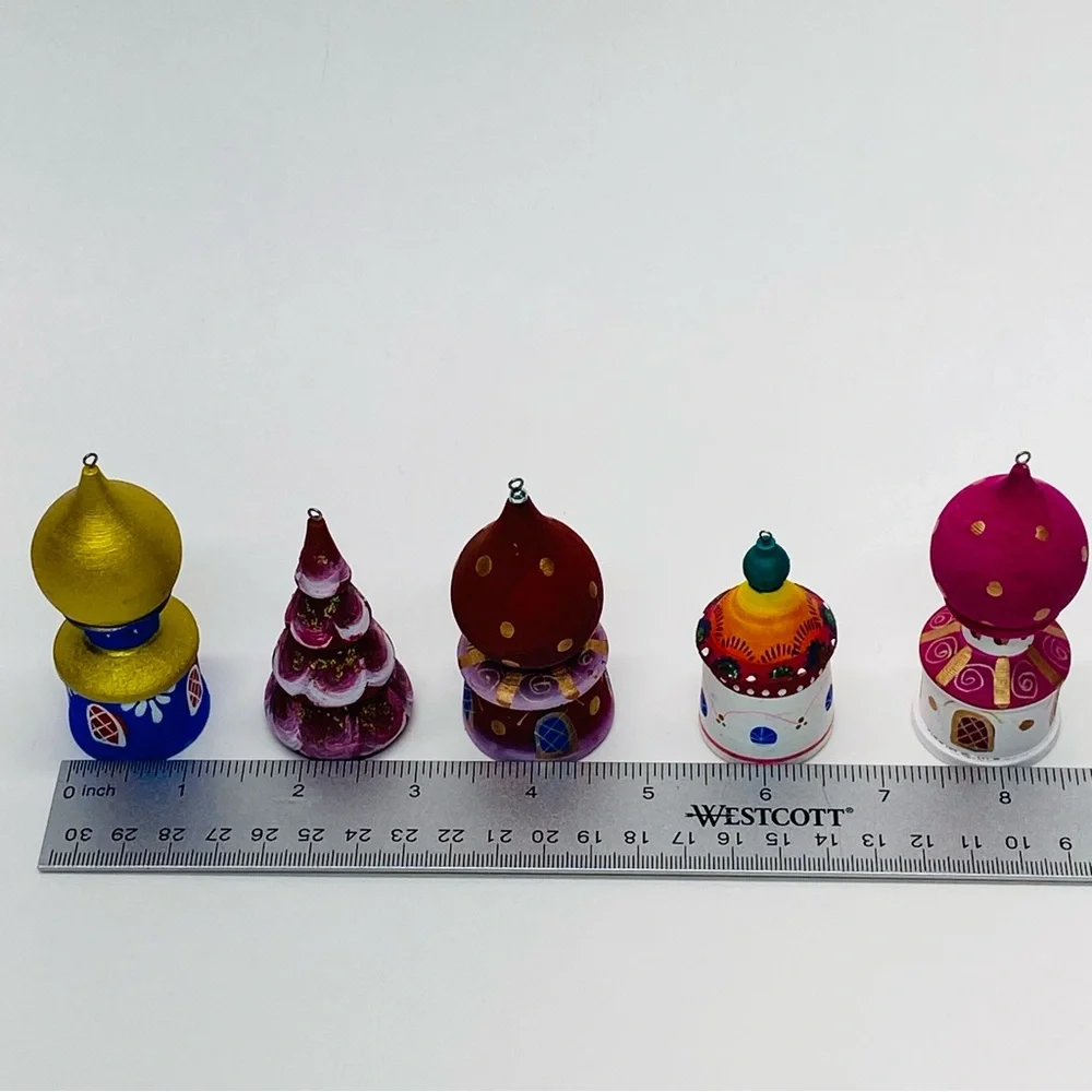 Wooden Hand Painted Set of 5 Christmas Tree Ornaments Church Tree Russian Color
